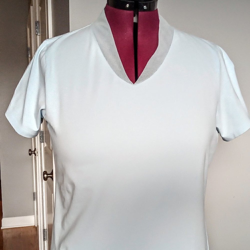 Liz Claiborne Pale Blue Mesh Trim V-Neck SS Tee